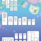 "Backen mit Kuchl!" und "Schneiden Falten Kleben" in Herzformen. Illustrationen von Figuren und Küchengeräten auf blauem Hintergrund.