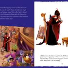 Text links: Großwesir Dschafar und Papagei Jago auf Basar in Agrabah. Rechts: Willkommen, Dschafar und Jago, sagt Farah. 

Illustration: Dschafar mit Jago trifft Wahrsagerin Farah mit Kristallkugel. Basar voller Menschen und Marktstände.