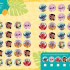 "Drei in einer Reihe. Wo entdeckst du Stitch und seine Freunde dreimal hintereinander?" Illustration mit Charakterbildern.