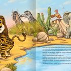 Ein Löwe mit Streifen schaut überrascht. Zebras, Elefant und Strauß sind auch im Bild. Ein Geier lacht: „Du bist ja ein Liger!“.