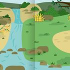 Illustration einer Landschaft: Ein Wasserfall fließt in einen Bach, umgeben von Gras, Büschen und einem Baum mit Hängelampe.