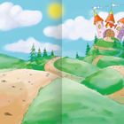 Eine Illustration zeigt eine hügelige Landschaft mit einem Pfad, der zu einem Schloss mit Türmen und wehenden Fahnen auf einem Hügel führt.