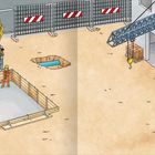 Eine Baustelle mit einem Betonmischer, Arbeitern, einem Kran und Bauzubehör. Ein Loch mit Wasser ist im Boden.