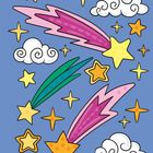 Illustration: Bunte Kometen und Sterne auf blauem Hintergrund, umgeben von weißen Wolken.