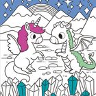 Ein Einhorn und ein kleiner Drache mit Flügeln in einer kristallenen Landschaft, blauer Himmel mit Sternen, Mond und Regenbogen.