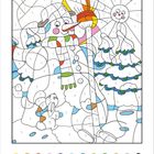 Zahlen 1-12 bestimmen Farben: 1 Gelb, 2 Orange, 3 Rosa, 4 Violett, 5 Hellblau, 6 Blau, 7 Grün, 8 Hellgrün, 9 Rot, 10 Braun, 11 Grau, 12 Schwarz. Illustration eines Schneemanns und Tannenbäume.