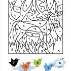 Zahlen von 1 bis 7 in Bereichen, die ein Rentier formen. Darunter bunte Vögel mit Nummern von 1 bis 7.