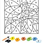 Ausmalbild mit Zahlen: Bereiche mit 0-6. Unten Farbanleitung: 1 orange, 2 gelb, 3 blau, 4 schwarz, 5 rot, 6 grün. Pinsel dabei.