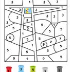 Zahlen und leere Felder. Illustration mit Bauarbeiter und Zahlangaben zum Ausmalen. Farben: rot, blau, grün, grau.