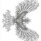 Ohne Text. Detaillierte, symmetrische Illustration eines stilisierten Vogels mit ausgebreiteten Flügeln und kunstvollen Mustern.