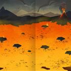 Ein brennender Vulkan vor düsteren Bergen; brodelnde Lava, schwebende Felsbrocken und ein fliegender Drache.