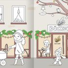 Text: "Bäcker." Illustration einer winterlichen Straßenszene mit Bäcker, Kind, Person mit Kinderwagen, Lichterketten und Schnee.