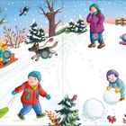 "Auf dem Schlittenberg" steht oben. Kinder rodeln fröhlich im Schnee, ein Hund rennt, eine Frau schaut zu, ein Pferd steht am Zaun.