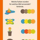 Text: "FARBEN-RÄTSEL. Welche Farben wurden für welches Bild verwendet? Verbinde." Illustrationen: Boot, Schmetterling, Blume, Nest.