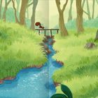 Illustration eines Waldes mit blauem Bach und Brücke. Ein Eichhörnchen sitzt auf der Brücke, umgeben von Bäumen und Gras.