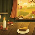 Eine gemütliche Herbstszene mit einem Fensterblick auf sonnige Felder, eine Kerze auf dem Tisch, Kuchen und Dekoration.