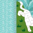 Text: "TIGER" oben rechts. Tigerform mit Segmenten T01-T14. Hintergrund links mit Pflanzenmuster, rechts grün mit Blättern.