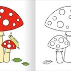 Links: Drei rote Fliegenpilze mit weißen Punkten und Raupe, dazu Blätter. Rechts: dieselbe Zeichnung als Ausmalbild.