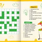 Kreuzworträtsel mit Hinweisen Waagerecht und Senkrecht, daneben bunte Illustrationen und ein Vogel auf einem Roller.