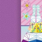 Text: "Leseliebe". Illustration: Geometrische Beine lesen ein Buch, blumige Ornamente, violetter und rosa Hintergrund.