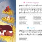 Links: Illustration eines warmen Stalles mit Kühen, Katzen und Hühnern auf Stroh. Rechts: Liedtexte "Der Mond ist aufgegangen", "Wiegenlied".