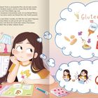 Text: Was ist denn überhaupt Gluten? Illustration zeigt ein Mädchen, das nachdenklich am Tisch sitzt. Gedankenblasen zeigen Begriffe und Szenen zu Gluten.