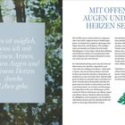"Alles ist möglich, wenn ich mit offenen Armen, offenen Augen und offenem Herzen durchs Leben gehe." Rechts Text über Achtsamkeit.