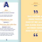 „aber“ und „allein“ sind definiert. Links konjugative, rechts adjektivische Nutzung. Großes „A“-Logo und Zitat über Familie.