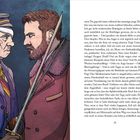 Linke Seite: Zwei Männer stehen sich ernst gegenüber, einer mit Uniform, der andere mit Mantel und Schwert. Rechte Seite: Text.