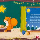 Ein Gedicht über Freundschaft und Teilen. Zwei Eichhörnchen sitzen an einem Tisch mit Kuchen. Winterliche Szenerie außen.