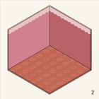 Nummer 2 unten rechts. Illustration: Isometrischer Raum mit zarten rosa Wänden und geometrisch gemustertem Boden.