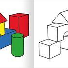 Illustration von geometrischen Formen. Links bunte Bausteine, rechts gleiche Formen in Schwarz-Weiß.
