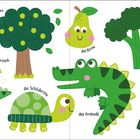 "GRÜN" oben links, Illustrationen von Tieren und Pflanzen: Dinosaurier, Frosch, Apfelbaum, Schildkröte, Birne, Krokodil, Brokkoli.