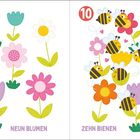 9, NEUN BLUMEN. 10, ZEHN BIENEN. Illustrationen von bunten Blumen und fröhlichen Bienen.