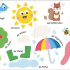 "IM PARK" Illustration mit Sonne, Vogel, Eichhörnchen, Baum, Biene, Regenwurm und Blumen. Alles freundlich gezeichnet.