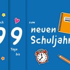 "Nur noch 99 Tage bis zum neuen Schuljahr." Auf blauem Hintergrund mit Sternen, Herz, Notizbuch, Wecker und Bleistift.