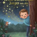"Für einen wundervollen Jungen wie dich." Ein Junge schaut fröhlich hinter einem Baum hervor, ein Vogel trägt einen Brief.