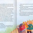 Text zur Einladung eines Laternenumzugs. Zwei Kinder, einer mit blauem Rucksack, stecken bunte Einladungen in einen roten Briefkasten.