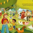 Um Gudruns Rückkehr zu feiern, lud Klara zu einem großen Fest. Illustration von tanzenden Menschen und Tieren auf einem Bauernhof.