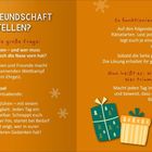 SEID IHR BEREIT, EURE FREUNDSCHAFT AUF DIE PROBE ZU STELLEN? Oranges Layout mit Schneeflocken und Geschenk-Illustrationen.