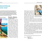 **Liebeserklärung an eine Insel**  
Küste mit Frau und Segelbooten; bunte Figuren auf der Straße; Text über Mallorca und persönliche Erinnerungen.