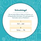 Schmelztiegel: Bei den beiden Wörtern fehlen am Ende bzw. am Anfang denselben Buchstaben. Puzzle auf blauem Hintergrund.