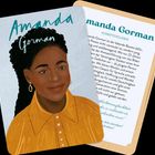 "Amanda Gorman" und "Schriftstellerin" sind sichtbar. Illustration einer lächelnden Frau mit dunklem Haar und gelbem Hemd.