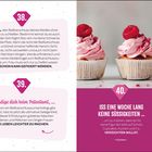 38: Lerne, den Reißverschluss selbst zu schließen.  
39: Erkundige dich beim Patentamt über Reißverschluss-Erfindungen.  
40: Iss eine Woche lang keine Süßigkeiten.  
Links: Text. Rechts: Drei Cupcakes mit rosa Topping und Himbeeren.