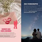 „Schreibt euch einen Liebesbrief“ und „Zählt Sternschnuppen“. Links eine Blume auf einem Brief, rechts ein Paar am Nachthimmel.