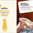 Links: "Meditieren. Abschalten, nichts tun, einfach da sein." Illustration einer Katze. Rechts: Foto einer Katze und Hand.