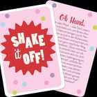 „SHAKE it OFF!“ in großen, weißen Buchstaben auf rotem Hintergrund; zwei rosa Karten mit bunten Punkten.