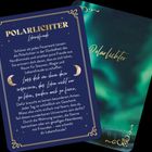 Karte mit Text: "POLARLICHTER Lebensfreude. Schöner als jedes Feuerwerk tanzen die Polarlichter..." Hintergründe: Blau und grünlich.
