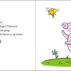Text: "Ihr Tag beginnt mit einem ausgiebigen Frühstück, gefolgt von einem Spaziergang, um sich ein wenig die Beine zu vertreten." Zeichnung: Ein fröhliches rosa Schweinchen läuft auf einer Wiese, ein gelber Schmetterling fliegt darüber.