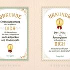 Zwei Urkunden: Links für "Auto-Vollpacken und -Hochstapeln", rechts "1. Platz im Routenplanen", beide an "DICH".